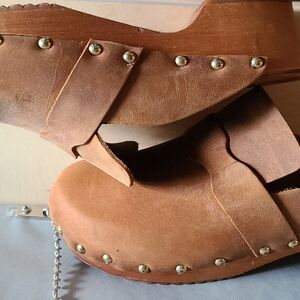 Women’s Brown Leather Clog Mules with Stud Detail